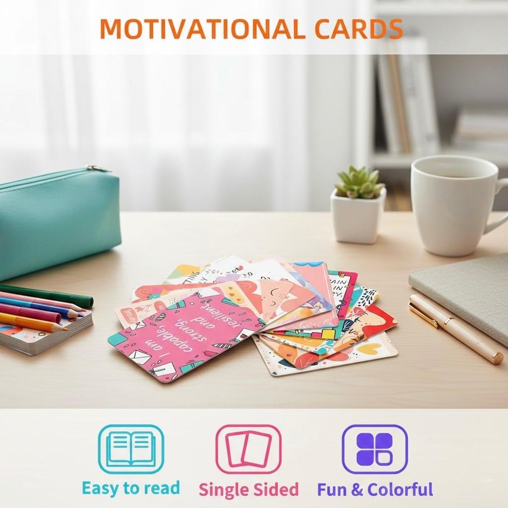 50 Sheets Inspirational Quotes Cards – Positive Affirmation Flash Cards for Teens & Adults | Motivational Learning & Copywriting Paper Cards with Fun Self-Reflection Prompts