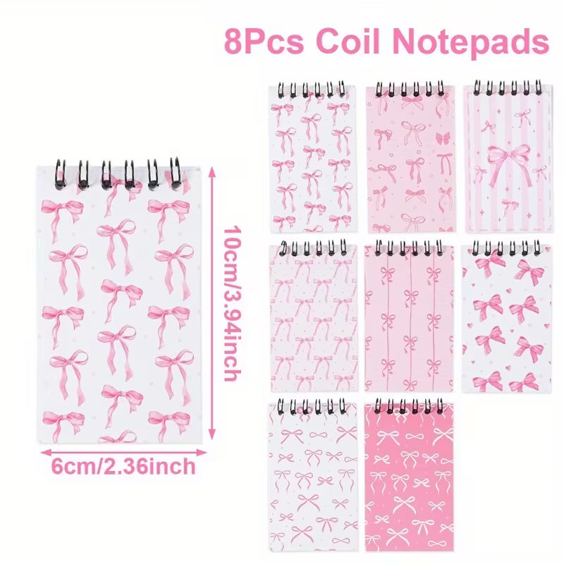 8-Piece Pink Bow Mini Spiral Notebook – Cute Blank Memo Notepad