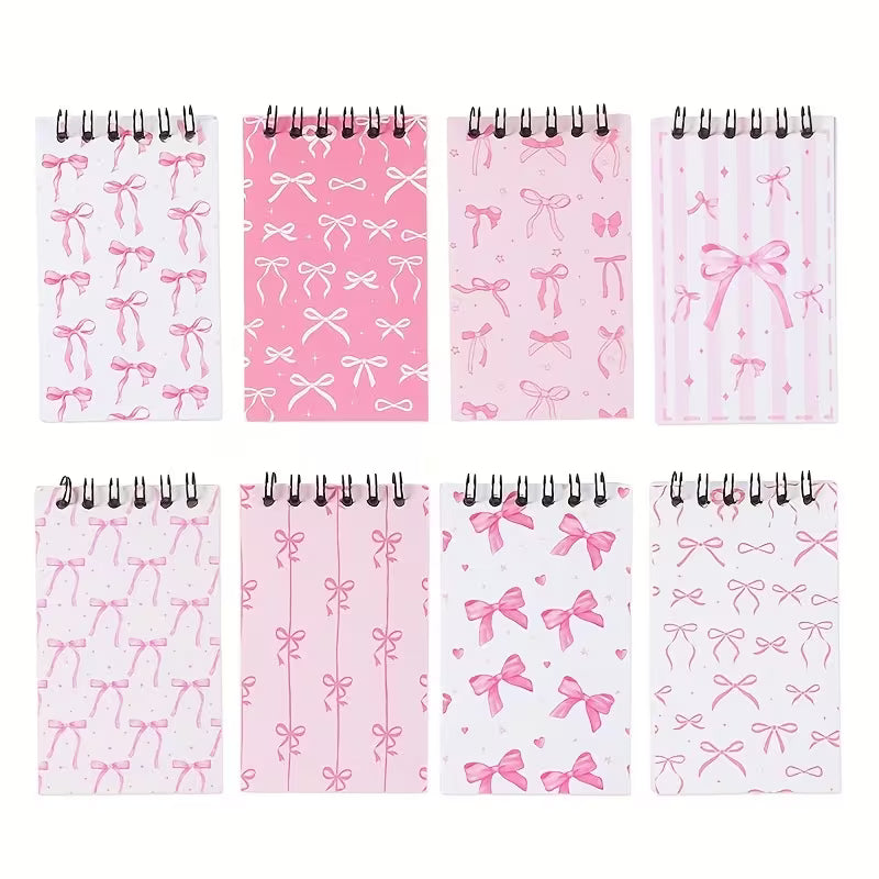 8-Piece Pink Bow Mini Spiral Notebook – Cute Blank Memo Notepad