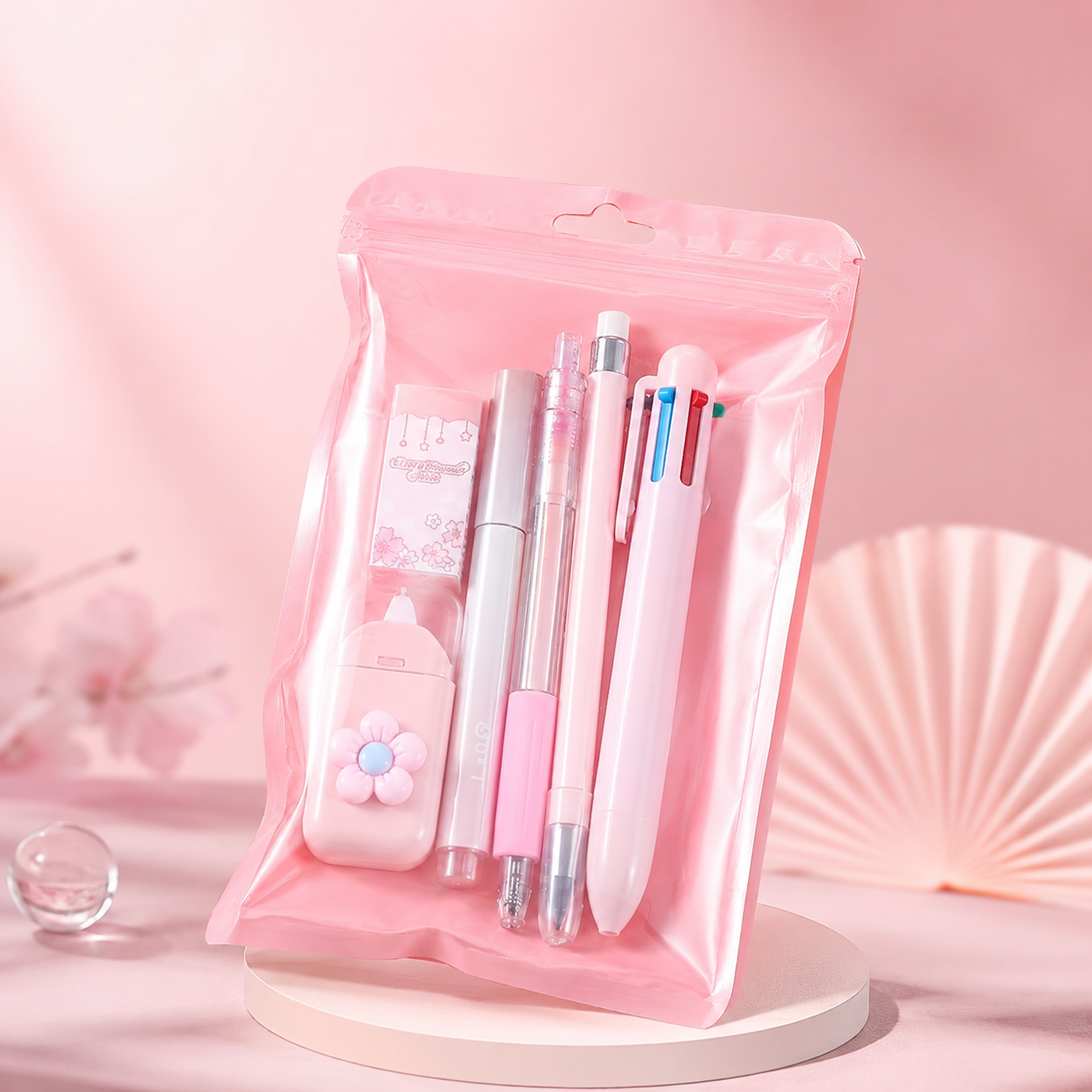 Cute Pink Stationery Set with Pouch – 6-Piece School Supplies Kit