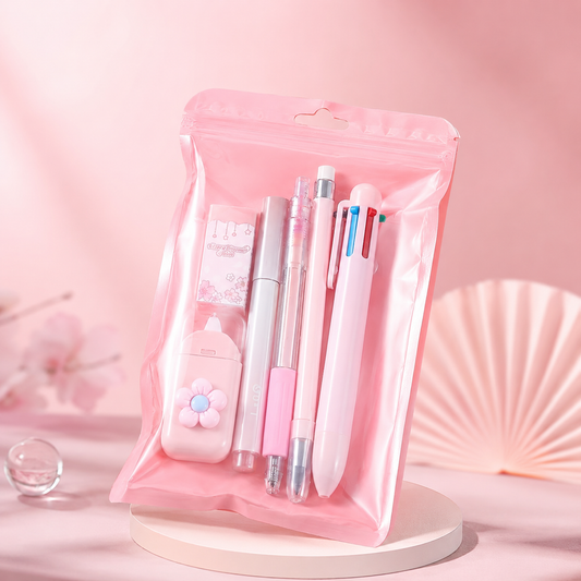 Cute Pink Stationery Set with Pouch – 6-Piece School Supplies Kit
