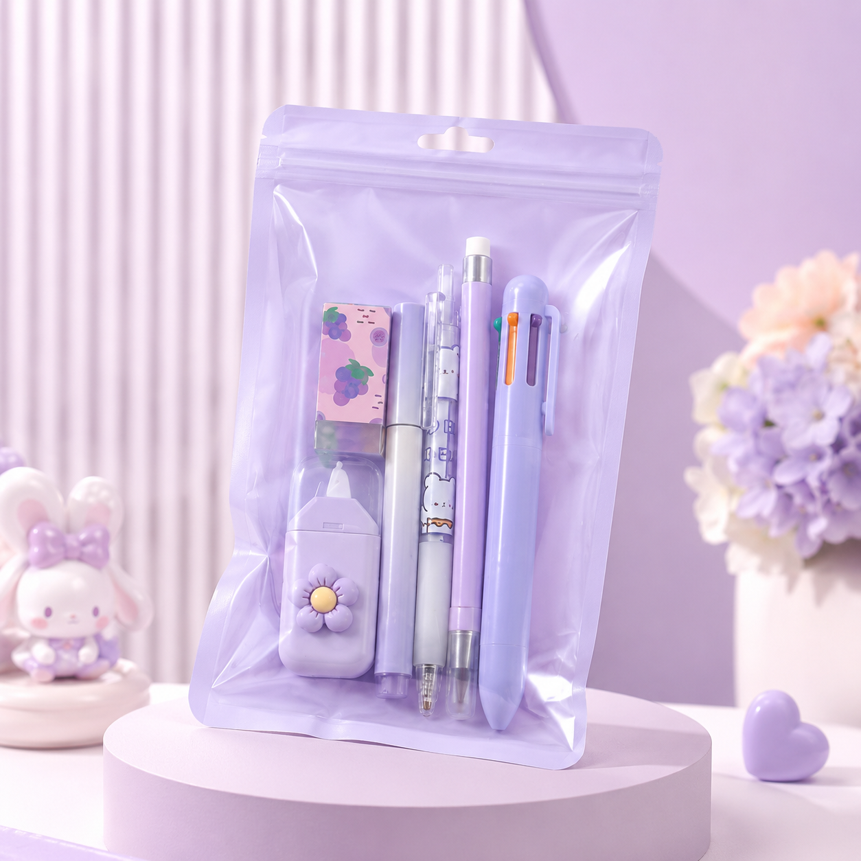 Cute Purple Stationery Set with Pouch – 6-Piece School Supplies Kit