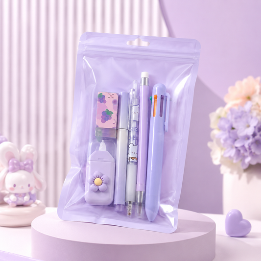 Cute Purple Stationery Set with Pouch – 6-Piece School Supplies Kit