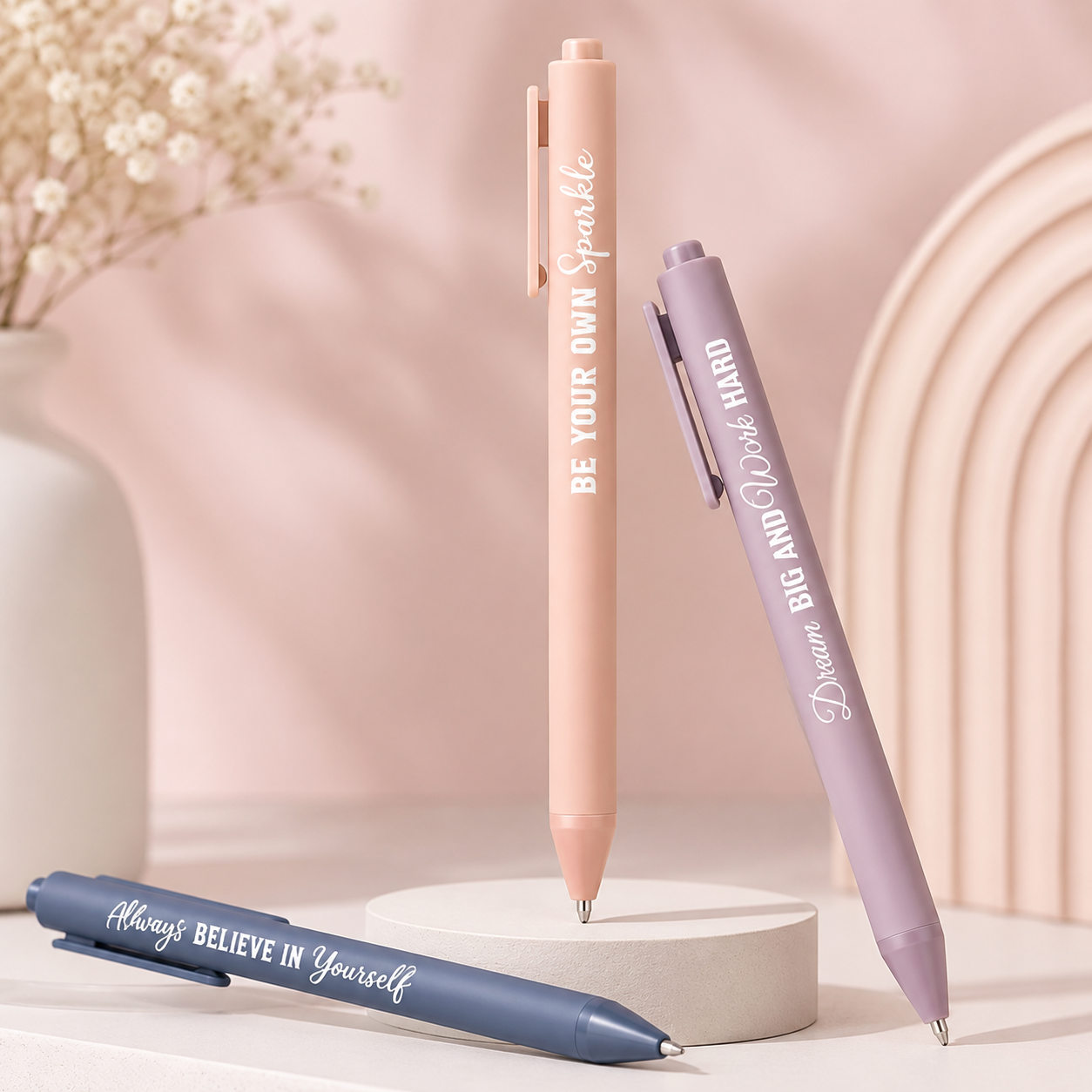 3-Piece Motivational Pen Set – Pastel Quote Pens