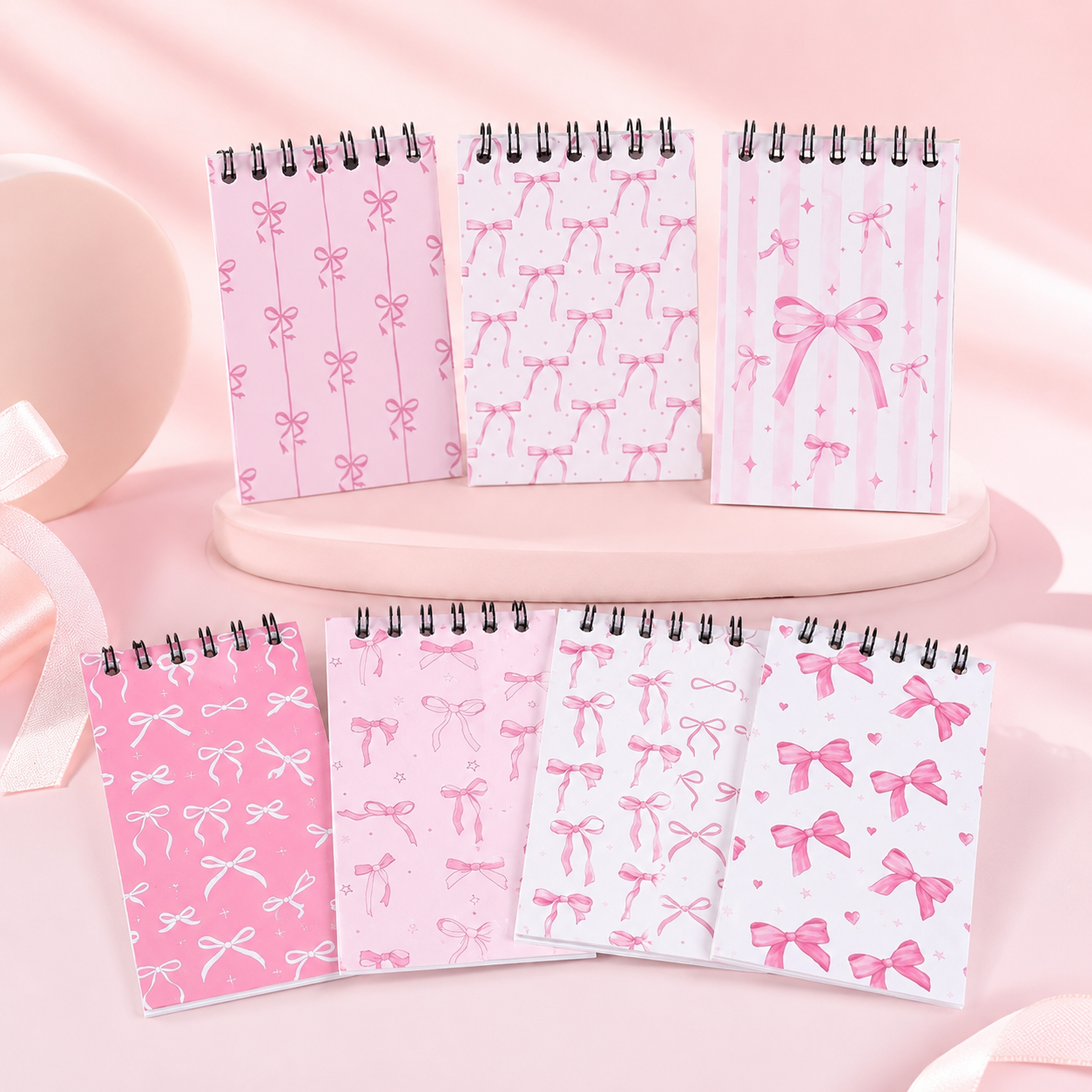 8-Piece Pink Bow Mini Spiral Notebook – Cute Blank Memo Notepad