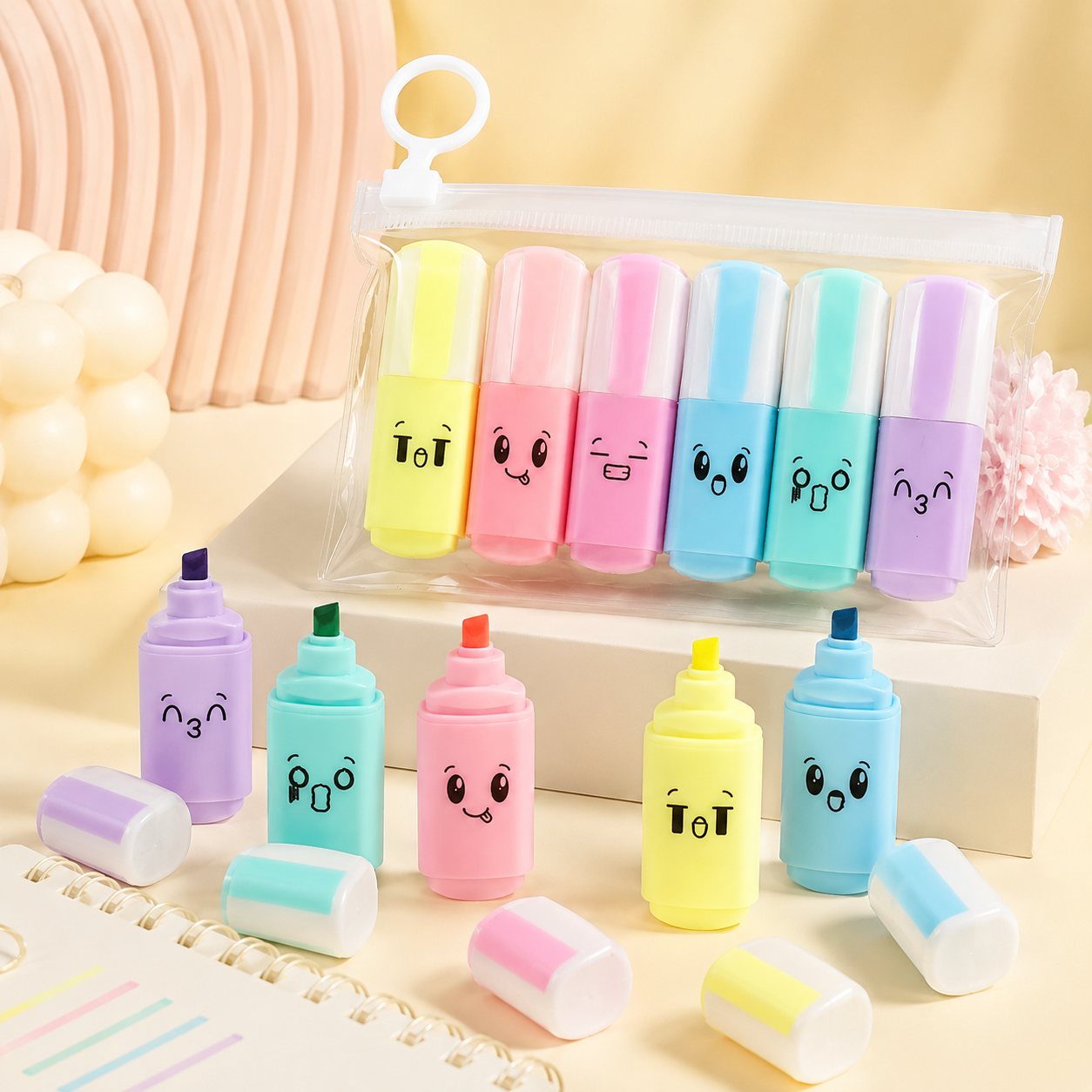 6-Piece Cute Mini Fluorescent Highlighter Pen Set – Joyful Expression Markers