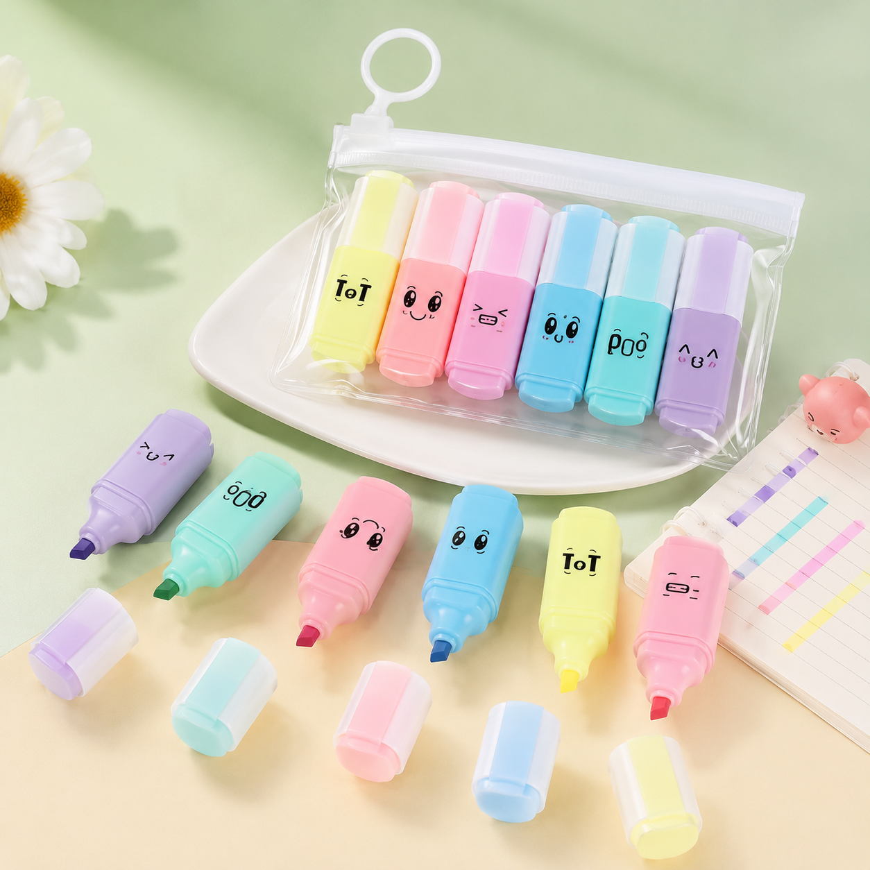 6-Piece Cute Mini Fluorescent Highlighter Pen Set – Joyful Expression Markers