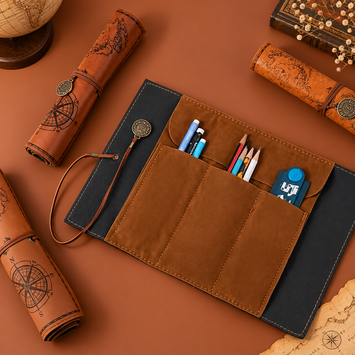 Vintage Map Roll-Up Pencil Case – Travel Stationery Organizer