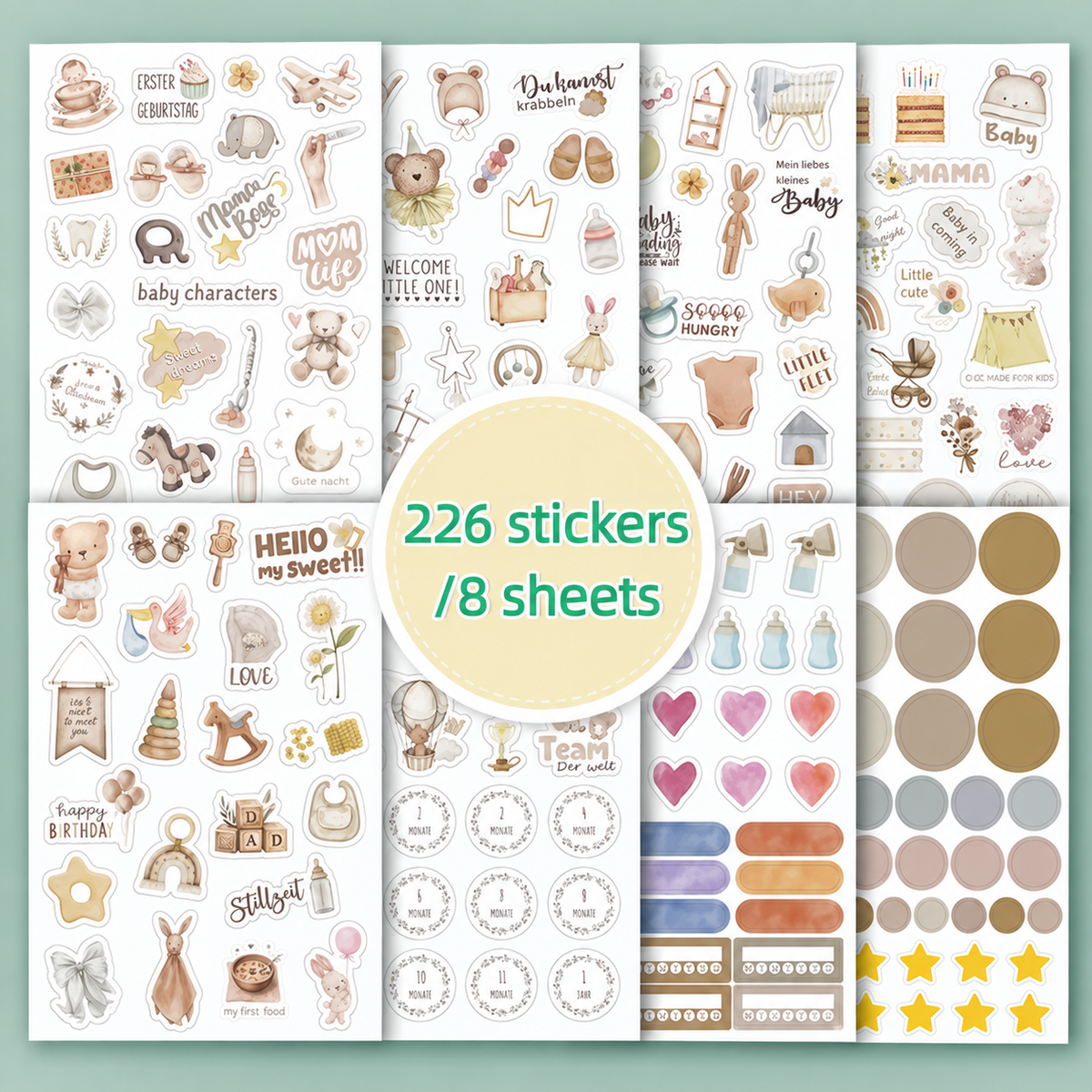 Baby Milestone & Pregnancy Journal Stickers – 8 Sheets | Vintage Pastel Scrapbooking Stickers
