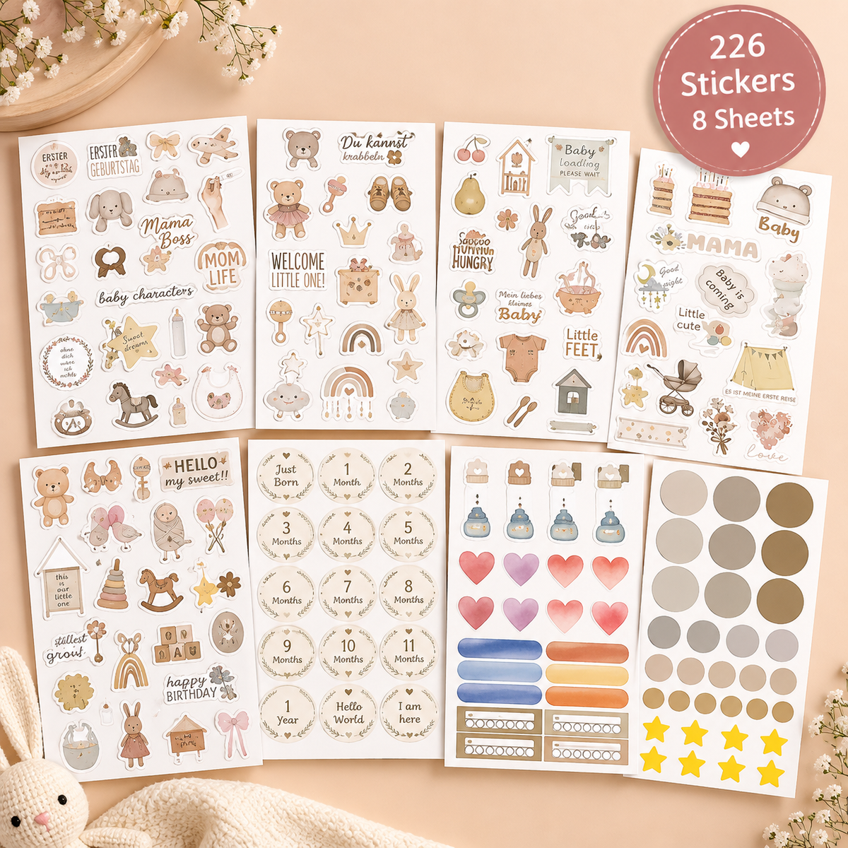 Baby Milestone & Pregnancy Journal Stickers – 8 Sheets | Vintage Pastel Scrapbooking Stickers