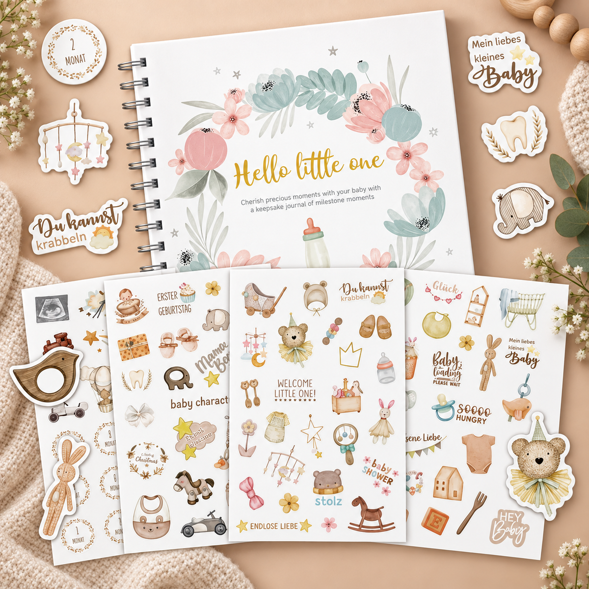 Baby Milestone & Pregnancy Journal Stickers – 8 Sheets | Vintage Pastel Scrapbooking Stickers