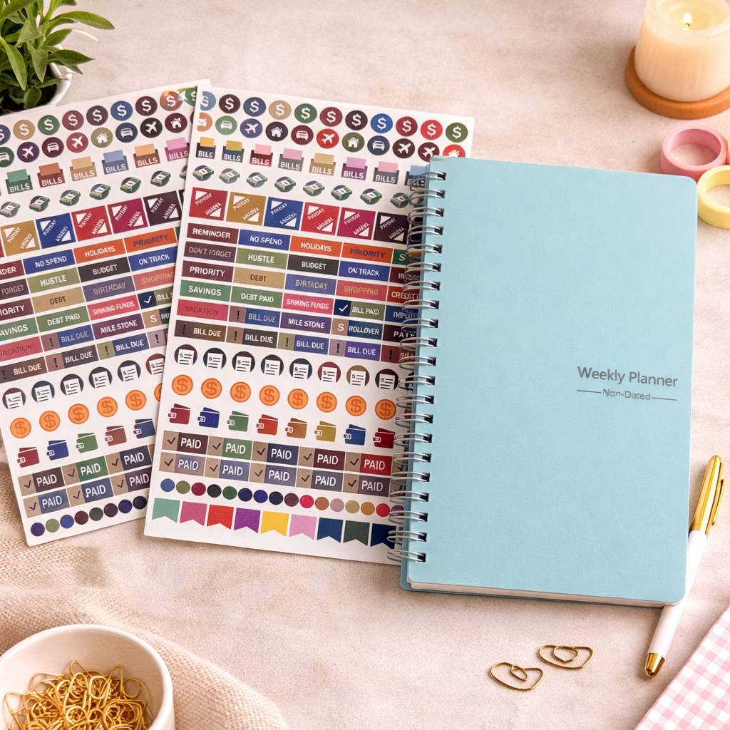 Undated Weekly Planner A5 (Habit Tracker + Stickers + Spiral Binding)
