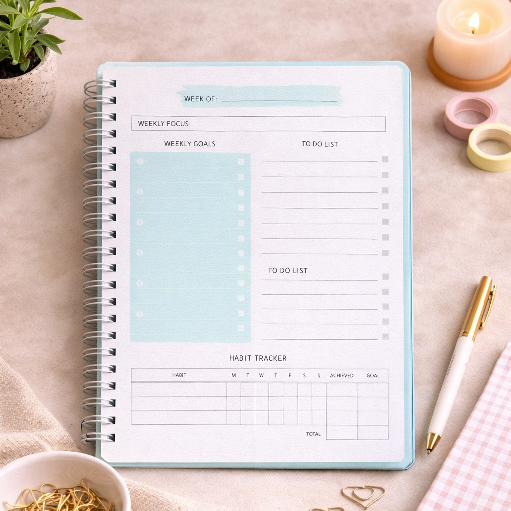 Undated Weekly Planner A5 (Habit Tracker + Stickers + Spiral Binding)