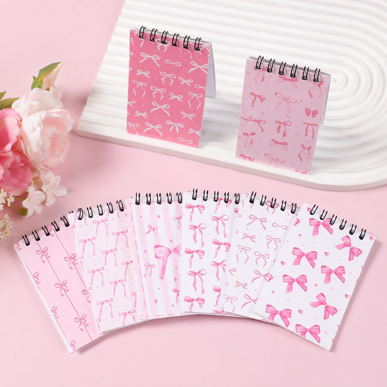 8-Piece Pink Bow Mini Spiral Notebook – Cute Blank Memo Notepad