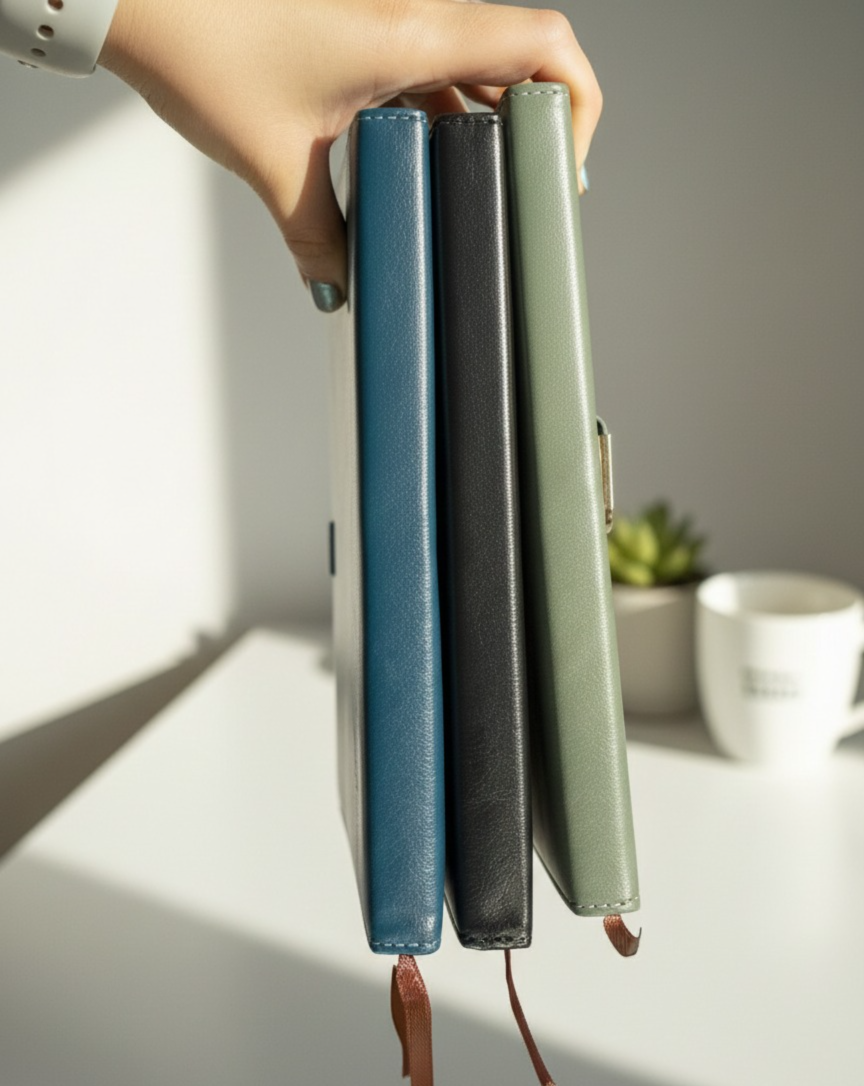 A5 Faux Leather Planner Notebook (Clip Lock + Bookmark Ribbons)