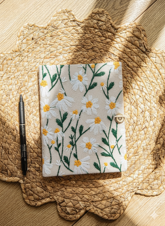 Rustic A6 Daisy Embroidered Journal - Hardcover Flower Notebook with Lined Pages - Perfect Gift for Women, Office & School