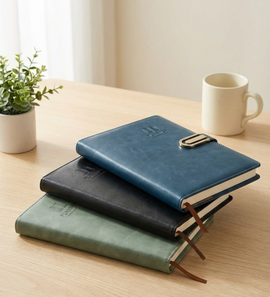 A5 Faux Leather Planner Notebook (Clip Lock + Bookmark Ribbons)