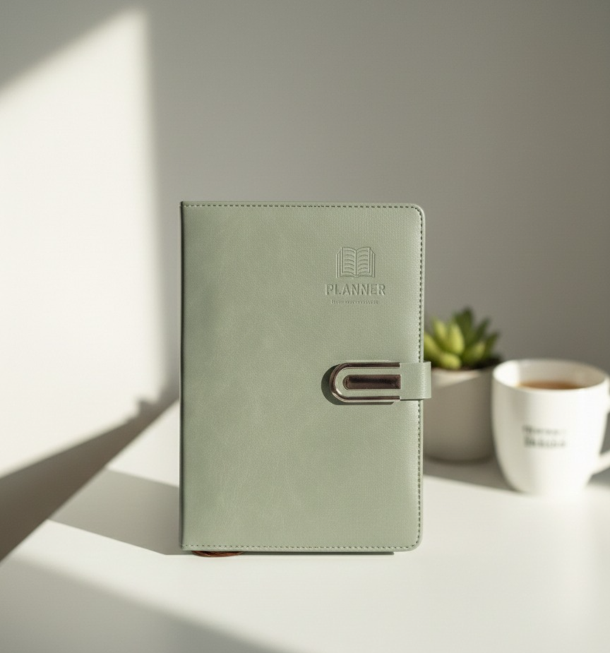 A5 Faux Leather Planner Notebook (Clip Lock + Bookmark Ribbons)